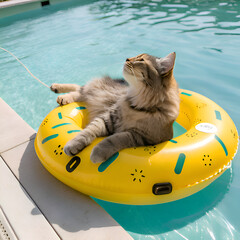 Tabby Cat Relaxes in Pool on Yellow Donut Float Under Sunny Sky on transparent background