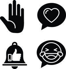 Four black social media icons on white background hand