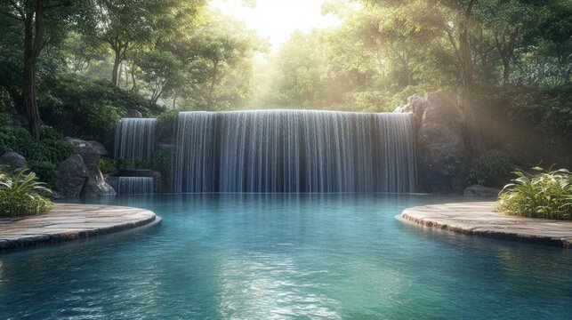 A tranquil waterfall surrounded by green forest and sunshine emphasises the harmony of nature, serving as a peaceful backdrop for meditative applications.