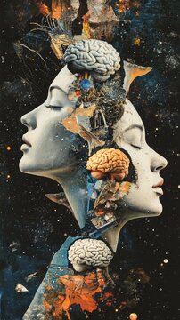 The broken silhouette of a head with a brain, surrounded by chaos and fire, symbolises a mental health crisis, creating a powerful atmospheric backdrop for social campaigns.