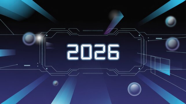 Digital futuristic banner showing year 2026 glowing in technological frame