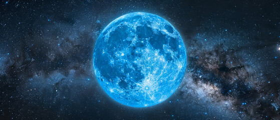 The mysterious blue planet against the backdrop of stars and galaxies is ideal as a cosmic atmospheric background for scientific or science fiction projects.