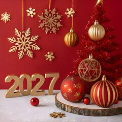 2027 New Year Celebration with Red Christmas Tree and Golden Festive Decorations on transparent background