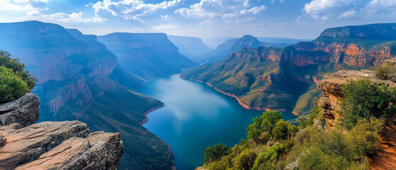 The majestic canyon with its emerald river and clouds enveloping the mountain ranges is ideal for use as a natural backdrop in tourism presentations.