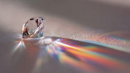 Faceted diamond prism casting rainbow light onto textured surface.