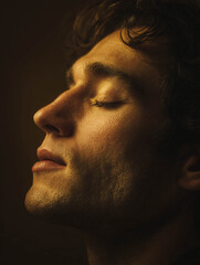 Peaceful male profile portrait in warm shadow celebrating calm emotion and mindful stillness