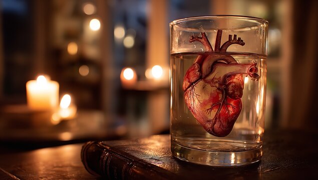 Eerie heart art inside a glass of water with soft candle light creating a surreal scene, perfect for medical education, mystery novels, or gothic romance book covers
