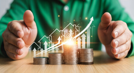 Hands protecting coin stacks with rising graph and house icons, symbolizing real estate growth