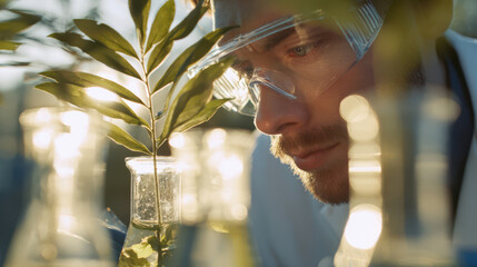Man in safety glasses observes plant in laboratory flask.