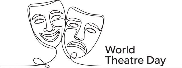 World theater day banner design, with character mask sketch, continuous one line drawing, vector illustration. one line Icon drawing