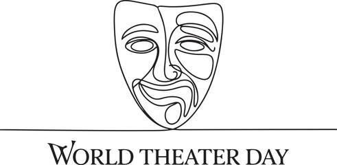 World theater day banner design, with character mask sketch, continuous one line drawing, vector illustration. one line Icon drawing