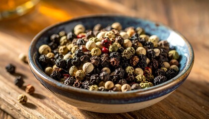 Close up of mixed peppercorns in a bowl