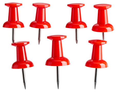 Push pins isolated on white background, colorful office supplies illustration, stationery items for bulletin boards, organizational tools, creative and practical PNG.