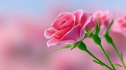 A close-up of a delicate pink rose in full bloom, with two green buds visible behind it. The background is a soft blur of pink and light blue, suggesting an out