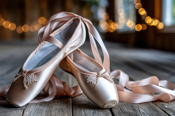 Pink Ballet Pointe Shoes on Wooden Floor with Bokeh Lights