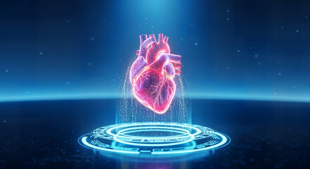 Glowing human heart model on a futuristic digital display, symbolizing advanced medical technology