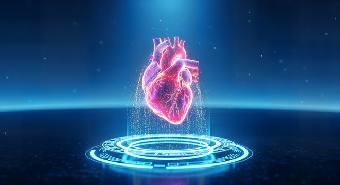 Glowing human heart model on a futuristic digital display, symbolizing advanced medical technology - Powered by Adobe