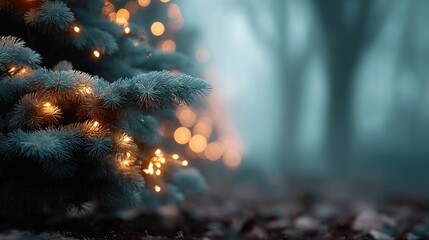Warm golden lights illuminating a Christmas tree in a serene, misty forest