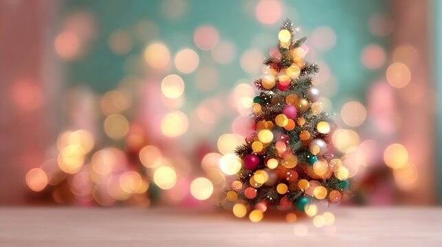 Decorated christmas tree with bokeh lights and empty surface