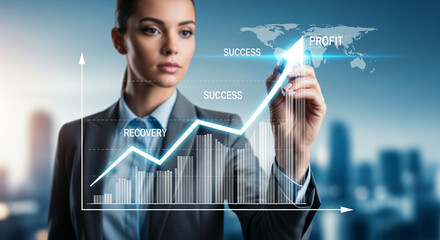 Businesswoman drawing growth graph success profit and global