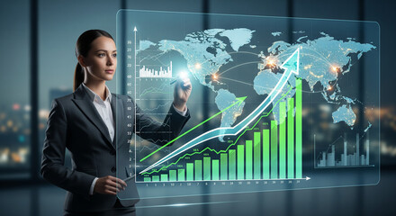 Businesswoman drawing growth graph success profit and global
