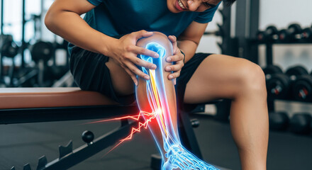 Man with Knee Pain Injury at the Gym Showing Bone Anatomy