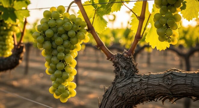 Lush green grapes ripen on the vine in a sundrenched vineyard, bathed in golden light, promising a bountiful harvest for wine