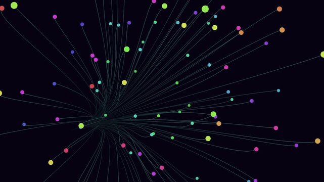 The image depicts a circular network diagram with multi-colored dots connected by lines, showcasing various connections and interactions between different elements within the network