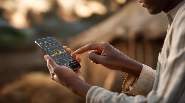 Close-up of hands holding mobile phone displaying fintech interface in refugee camp environment, emphasizing digital empowerment, secure financial access, and innovation in humanitarian fintech