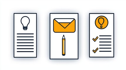 Set of modern icons representing communication technology and business related elements such as documents ideas messages envelopes and checklists