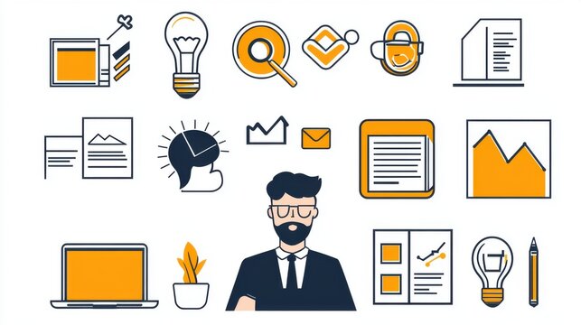 A collection of colorful icons representing various aspects of business technology and office work including a laptop lightbulb document graph and a professional person