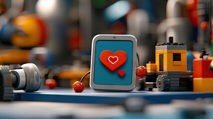 A tablet displaying a heart icon with cherry arms stands in a toy construction site with building blocks and toy machinery.