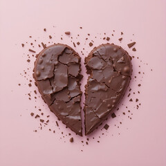 Broken chocolate heart carefully glued together, soft pastel tones.