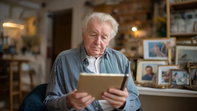 Elderly man recording a heartfelt digital legacy message on a tablet surrounded by family photos, illustrating memory preservation, digital storytelling, and emotional reflection in later life.