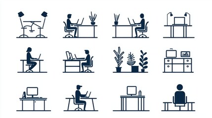 Minimalist silhouette icons depicting various office workspaces furniture and electronic devices used in a professional business environment