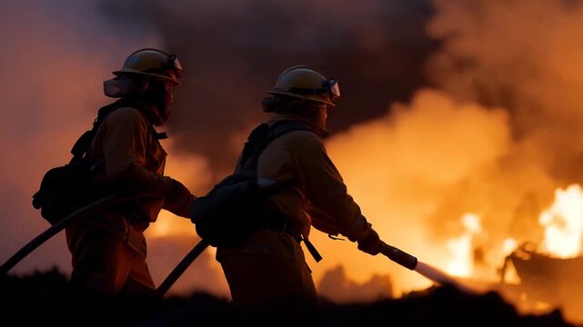 Firefighters working side by side with hoses and axes, surrounded by smoke and embers — a gritty action scene emphasizing unity, heroism, and resilience in the face of danger. cinematic color