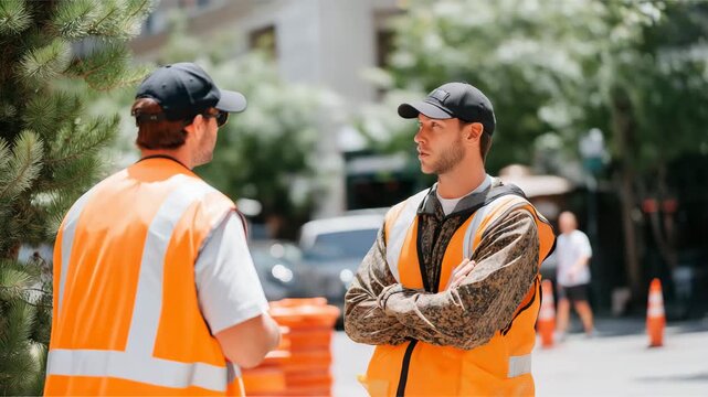 Film crew resetting props and lighting between takes on blocked street with orange safety cones and reflective vests &mdash; documentary-style behind-the-scenes view of production logistics in public