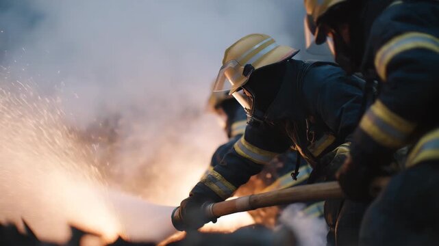 Firefighters connecting large hoses to hydrants as sparks and debris fill the air — a realistic portrayal of tactical skill, urgency, and professionalism during high-stakes urban rescue operations.
