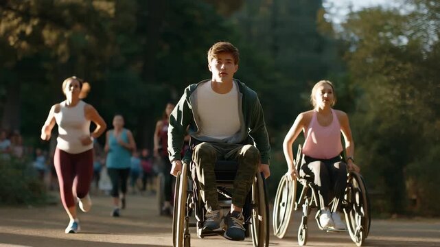 Inclusive outdoor fitness scene showing seniors, wheelchair users, and young adults exercising together in a green community park &mdash; representing accessible health initiatives, diversity in