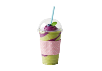 Isolated smoothie in a clear cup with a pink sleeve for temperature and a light blue straw