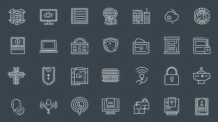 A diverse collection of outline icons representing various elements of technology digital security connectivity and information systems