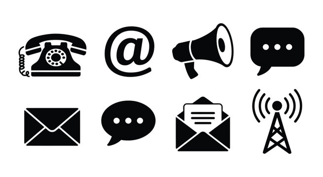Black and white communication symbol collection, showing telephone device, email sign, megaphone alert, chat bubble, mail envelope, and broadcasting tower, perfect for business presentations