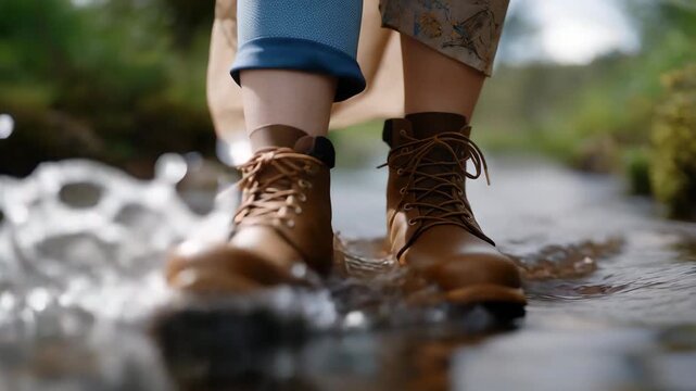 Low-angle shot capturing ripples around boots and soft bokeh &mdash; representing childlike joy, mindful moments outdoors, and lifestyle content for seasonal or fashion storytelling. cinematic color