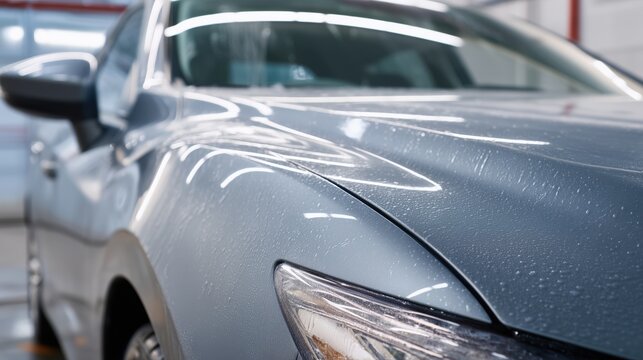 Automobile receiving meticulous wash with hydrophilic coatingclose up of shiny paint and water beads highlighting protective, glossy finish and professional automotive care services