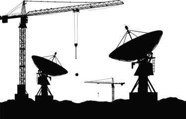 A striking vector silhouette depicting a modern technological and industrial landscape featuring massive satellite dishes and tall construction cranes against a bright sky,