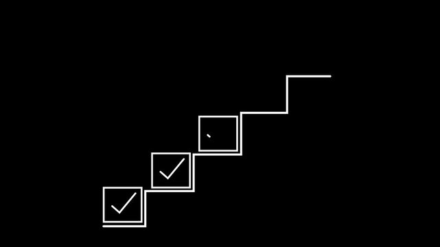 Animated checklist ascending stairs with checkmarks on black background and a final yellow marked item signifying completion or success	