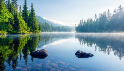 A serene lake reflects lush green trees and a misty mountain range under a clear blue sky. Two rocks emerge from the calm water, with gentle mist rising from th