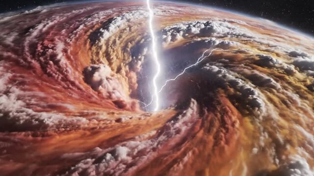 Powerful hurricane vortex swirling with dramatic red and orange clouds seen from space