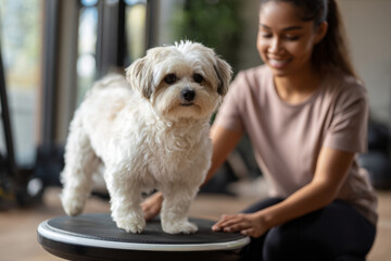 A senior dog stands carefully on a balance disc while a young woman provides gentle support, promoting fitness and mobility in a warm, rehabilitation atmosphere