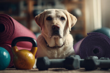 A cheerful Labrador rests on the floor surrounded by colorful gym equipment including dumbbells, kettlebells, and yoga mats while promoting healthy living and therapy